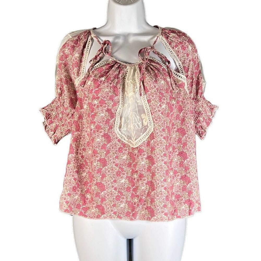 Urban Outfitters Women's Floral Blouse Mesh Sleeve Top Pleated Pink Rose Small